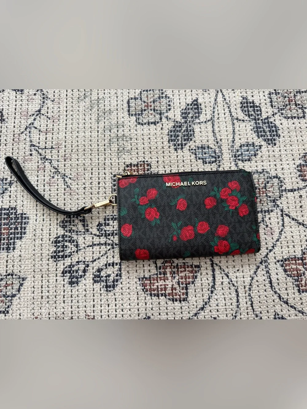 Michael Kors Black Wristlet with Red Rose Print